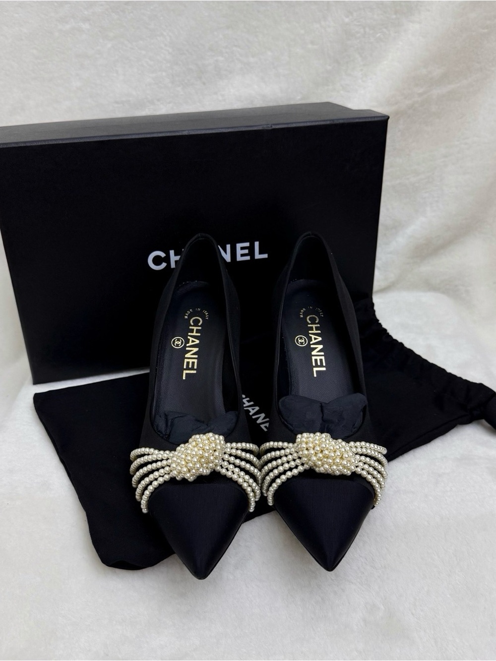 CHANEL Black Satin Pointed Pumps with Pearl Tassel Accent - Picture 2 of 6